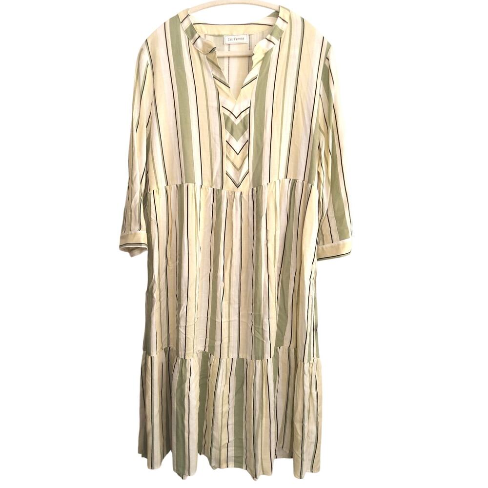 Ces Femme clean girl tiered maxi dresss sage/white striped sz L boho flowy beach